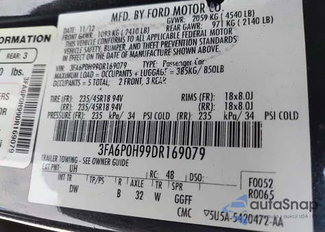 2013 Ford Fusion Se z USA, uszkodzony, nr VIN 3FA6P0H99DR169079